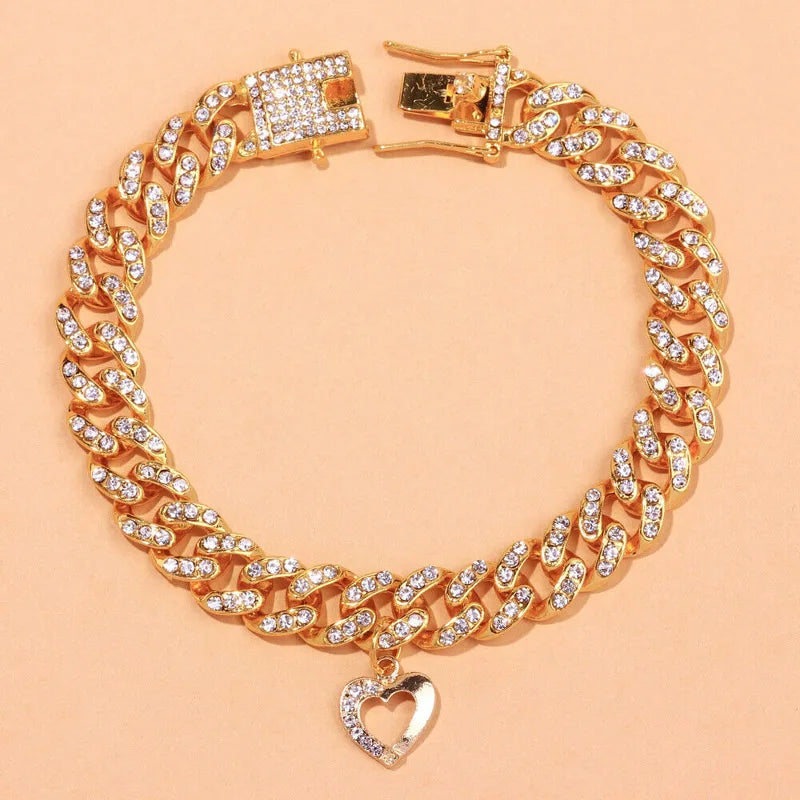 Heart Shape Thin Anklet for Women Rhinestone Link Iced Chain Pendant Jewelry