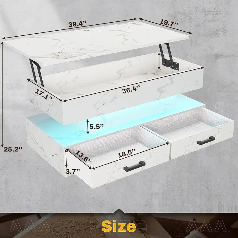 40" Lift Top Coffee Table, with Storage for Living Room, with 2 Fabric Drawers & LED Light