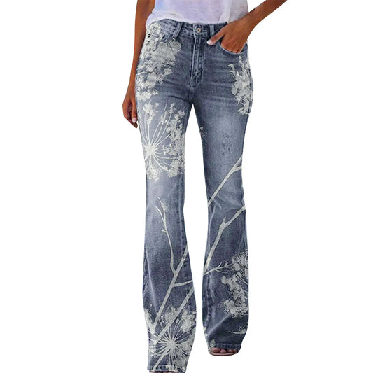 Elegant Women Floral Printed Jeans Plus Size S-5XL Straight High Waist Wide Leg Pants Slim Fit Casual