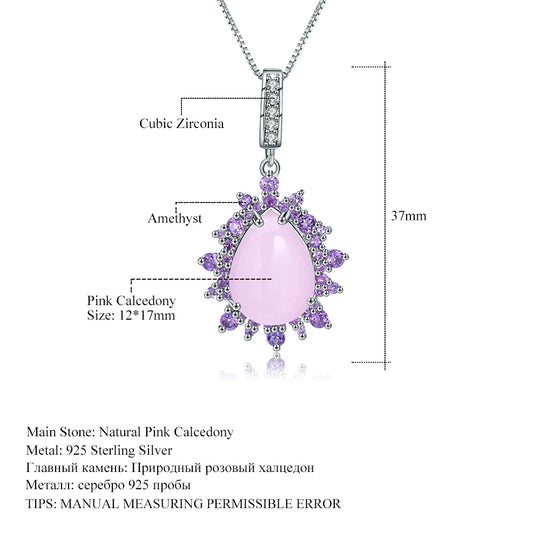 925 Sterling Silver Gemstone Necklace Natural Pink Calcedony Luxury Statement Pendant