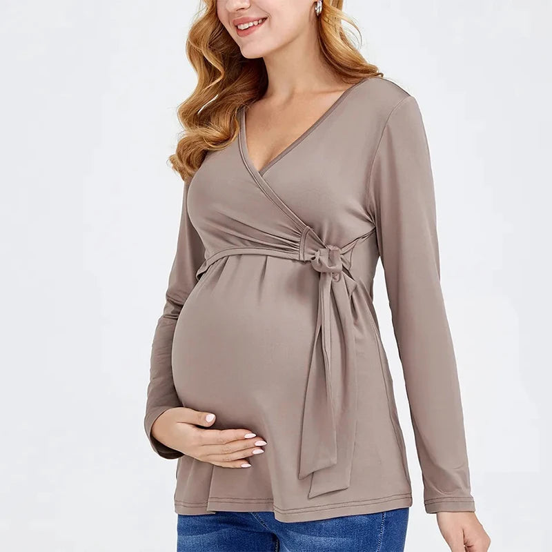 Maternity Blouses Long Sleeve V-neck Breastfeeding  Tops Pregnancy Clothing Nursing Casual