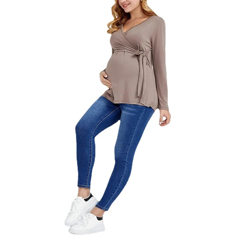 Maternity Blouses Long Sleeve V-neck Breastfeeding  Tops Pregnancy Clothing Nursing Casual