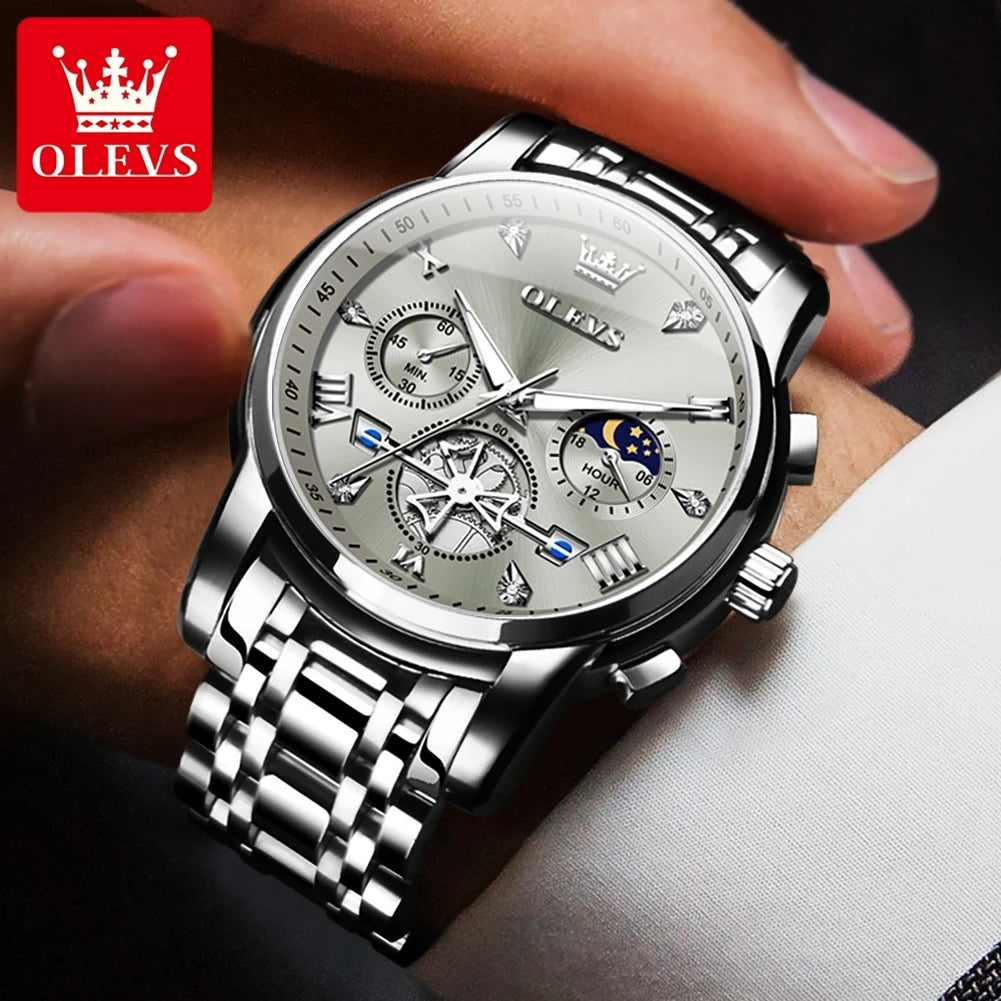 Men's Watches Classic Multifunctional Fly wheel Chronograph Original Quartz Wristwatch Moon Phase 24 Hour Waterproof