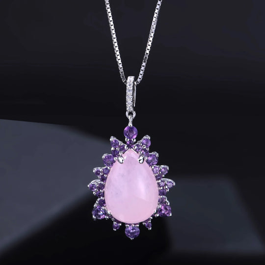 925 Sterling Silver Gemstone Necklace Natural Pink Calcedony Luxury Statement Pendant