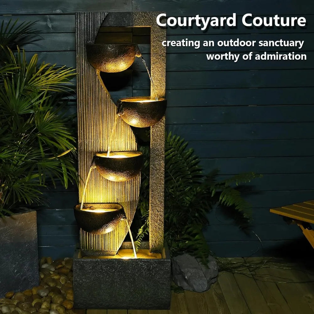 Outdoor Cascading Bowl Waterfall Floor Standing Fountain for Garden,49.2 Inches Tall with LED Lights, Pump, Natural Stones