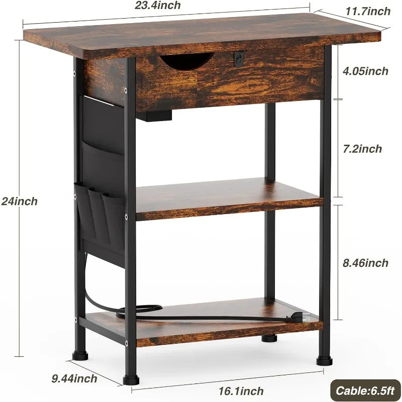 Side Table end Table with Charging Station Living Room Narrow end Tables with Storage Bedside Table Flip Top Night Stand