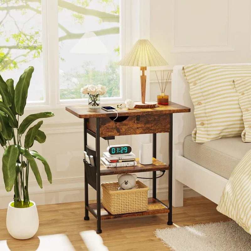 Side Table end Table with Charging Station Living Room Narrow end Tables with Storage Bedside Table Flip Top Night Stand