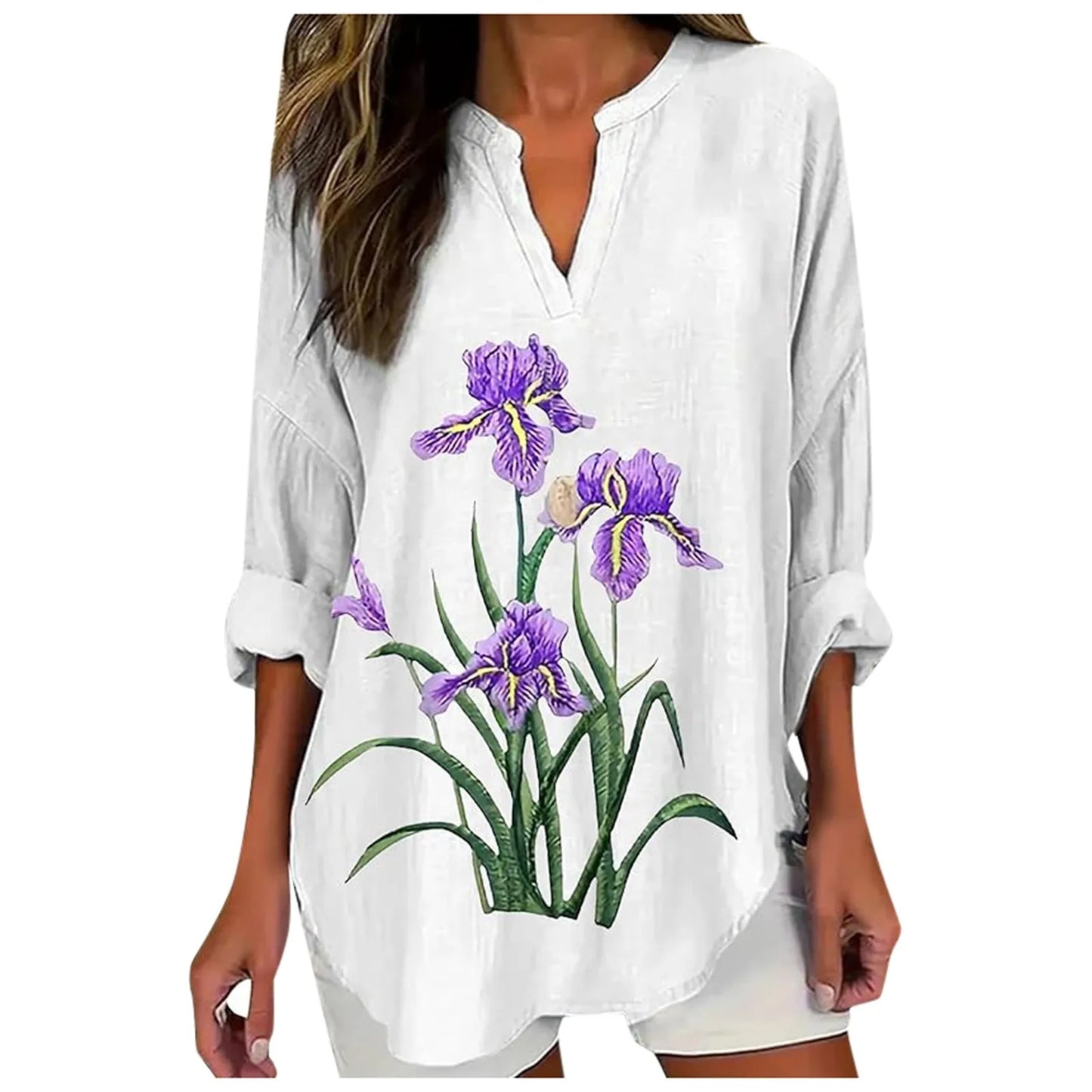 Women Casual Comfort Purple Floral Print Long Sleeve V Neck Shirt Top Plus Size Cotton Linen