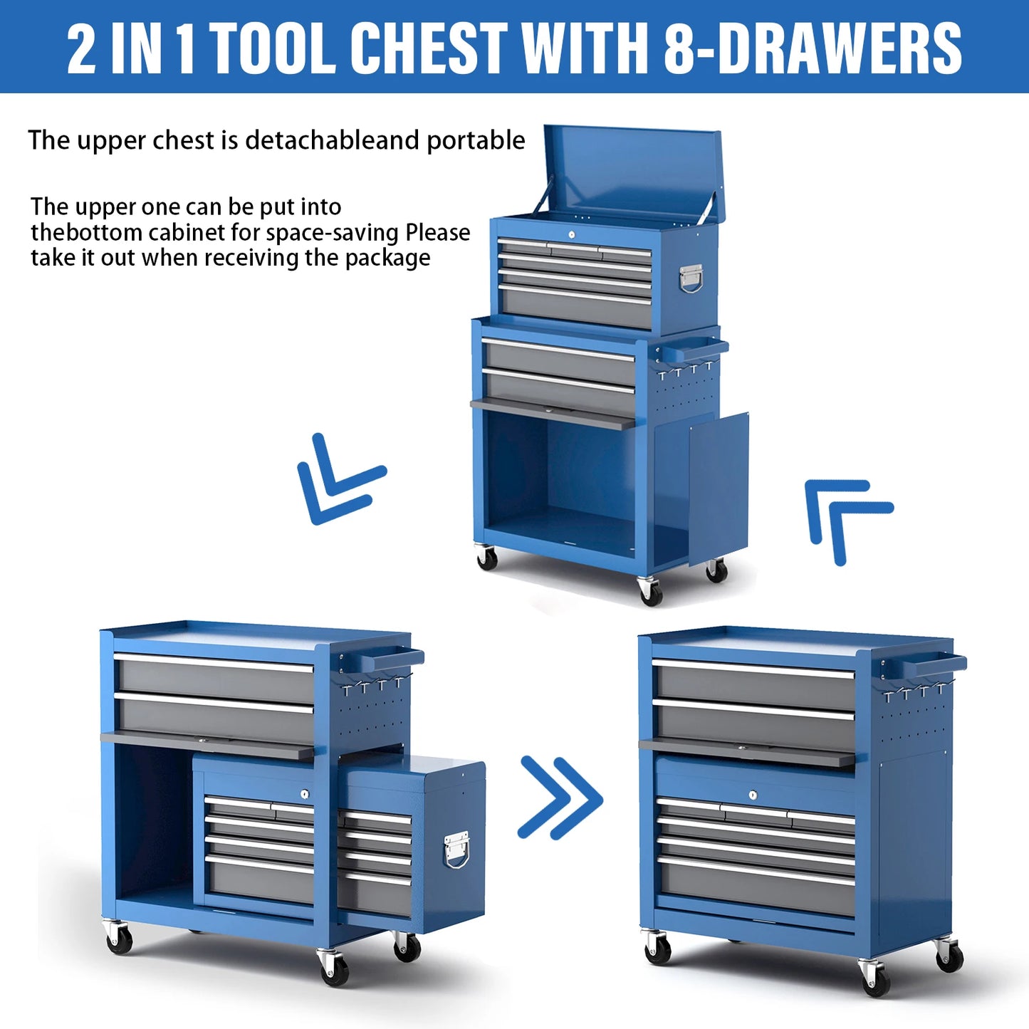 8-Drawers Rolling Tool Chest with Wheels, Detachable Tool Storage Cabinet with Tool Box Organizer Tray Divider S