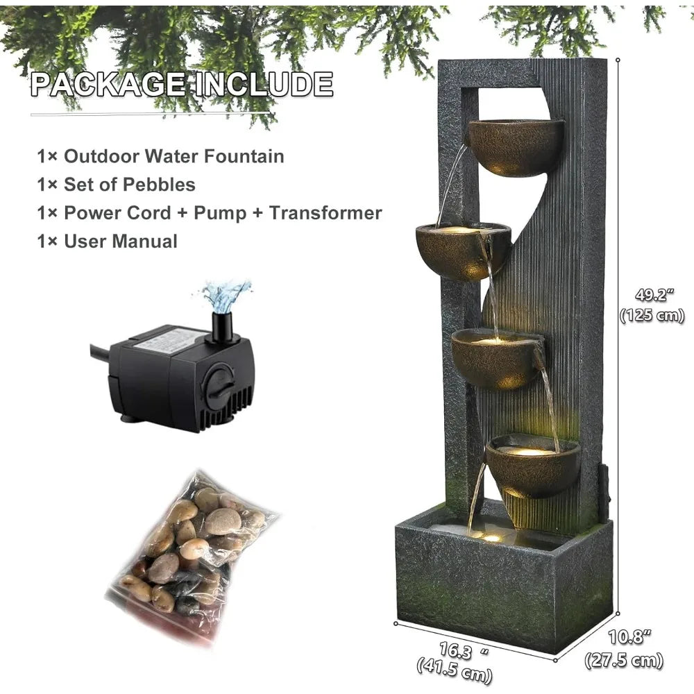 Outdoor Cascading Bowl Waterfall Floor Standing Fountain for Garden,49.2 Inches Tall with LED Lights, Pump, Natural Stones