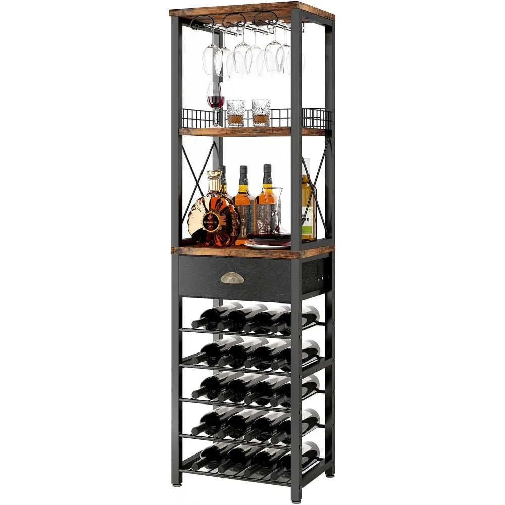 Wine Rack Freestanding Floor, 4-Tier bar Cabinet with Tabletop, Glass Holder