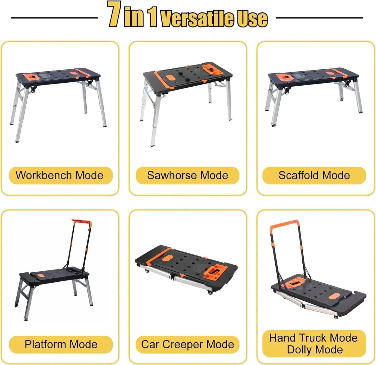 7-in-1 Folding Portable Workbench Painted Work Table , Scaffold ,Platform ,Sawhorse ,Car Creeper