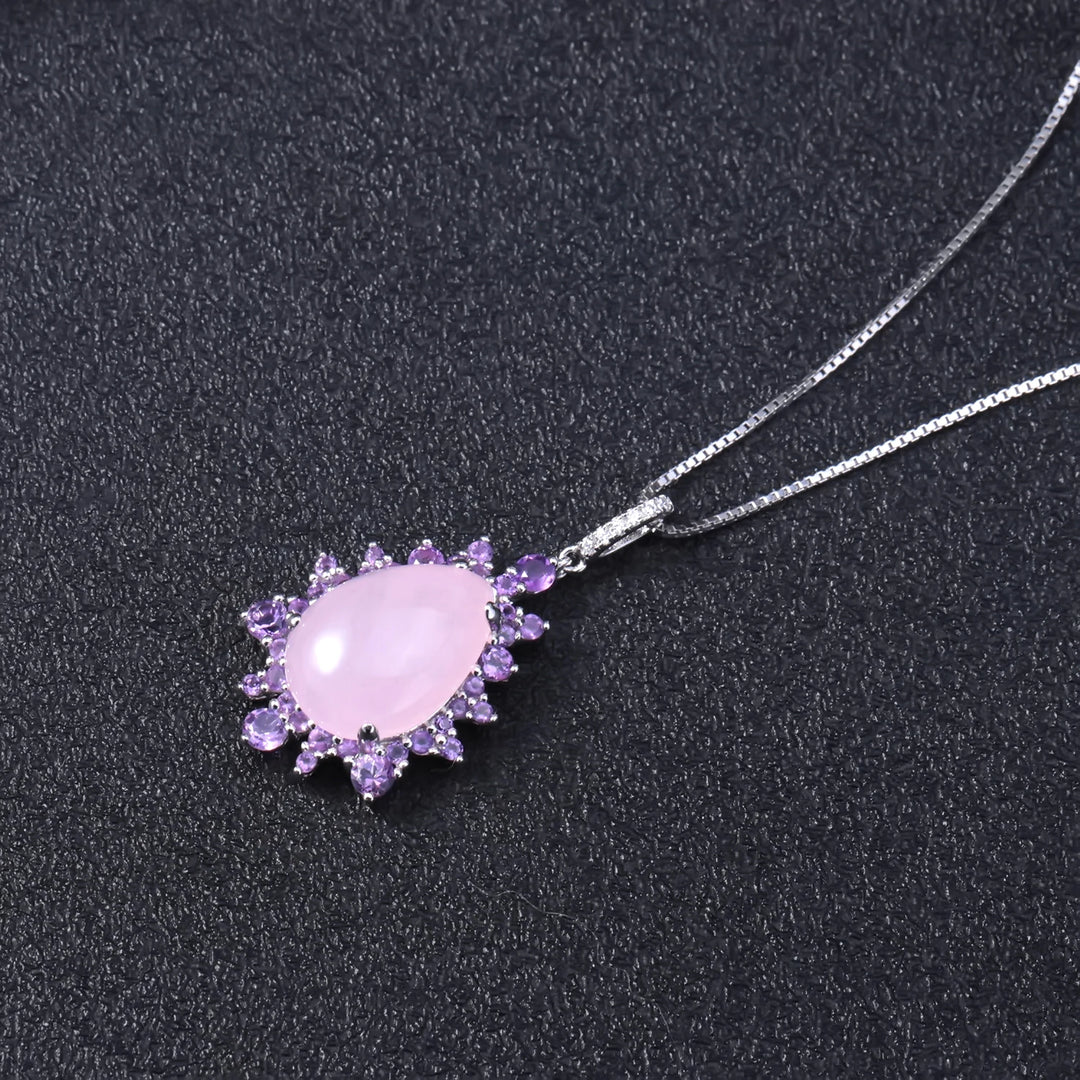 925 Sterling Silver Gemstone Necklace Natural Pink Calcedony Luxury Statement Pendant