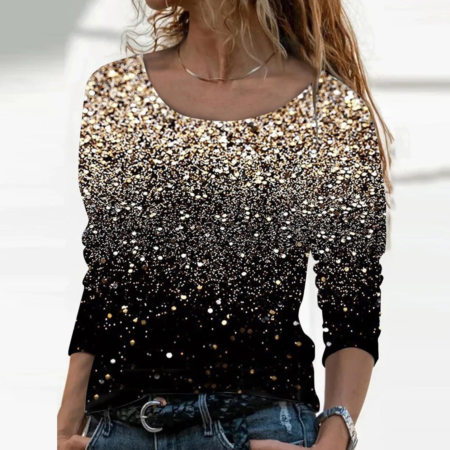 Gradient T-Shirt O-Neck Women Fashion Sequin Print Casual  Long Sleeve