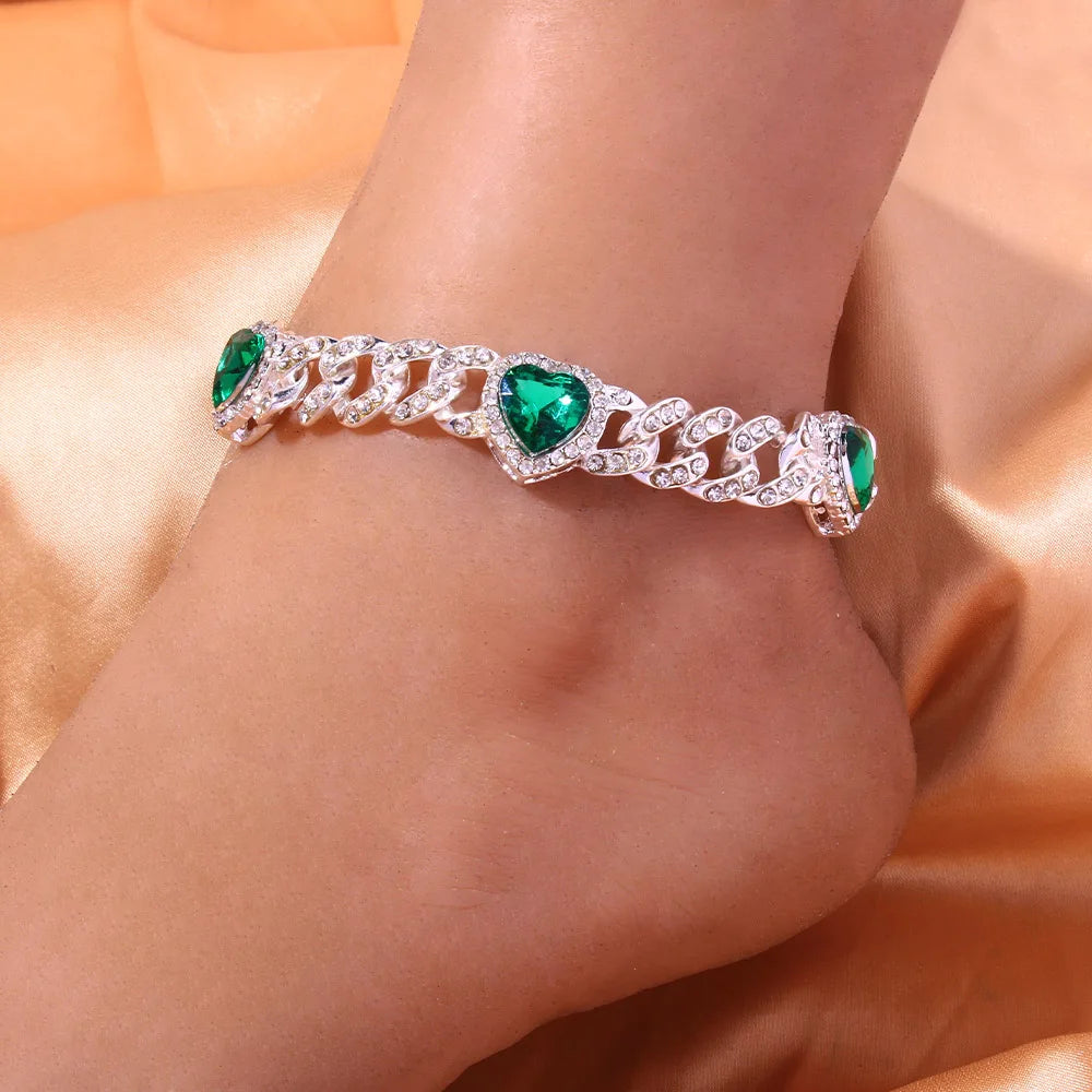 Rhinestone Green Love Anklets for Women Heart Cuban Link Super Thick Bling Jewelry