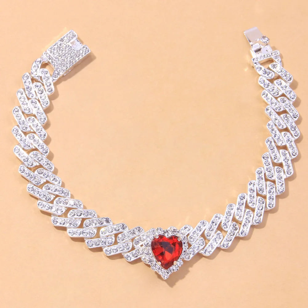 Silver Color Red Heart Anklet for Women Charm Crystal Cuban Link Chain Iced Out