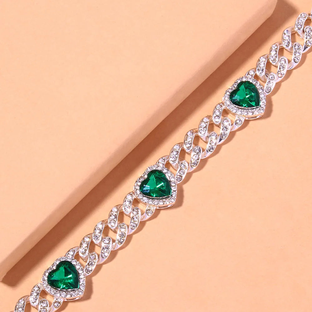 Rhinestone Green Love Anklets for Women Heart Cuban Link Super Thick Bling Jewelry