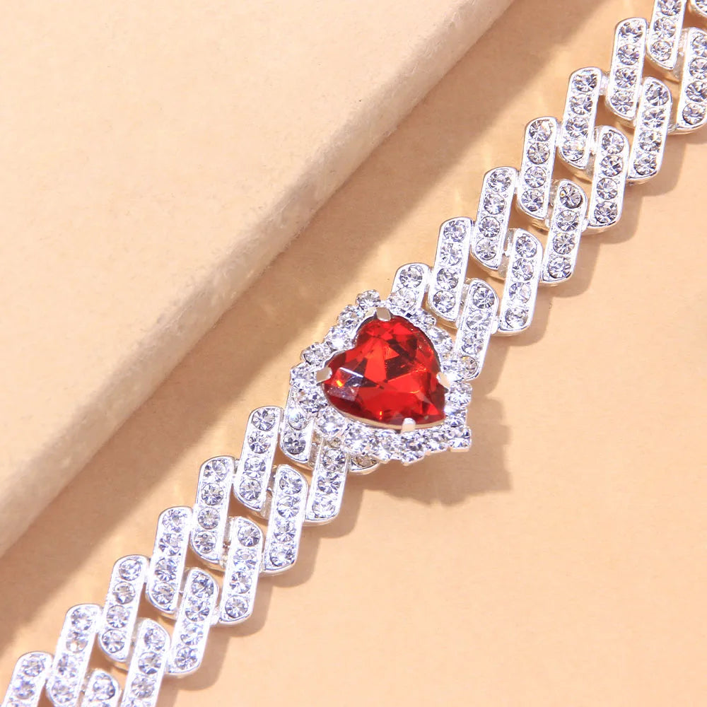 Silver Color Red Heart Anklet for Women Charm Crystal Cuban Link Chain Iced Out